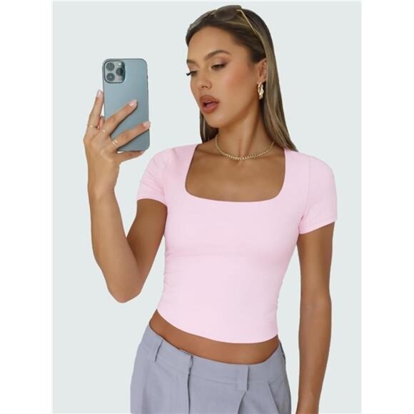 Short Sleeve T Shirts Square Neck Crop Tops for Women - Picture 5 of 8